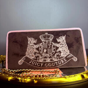 Juicy Couture Velour Zip Around Wallet Wristlet Brown Pink Chain NWT